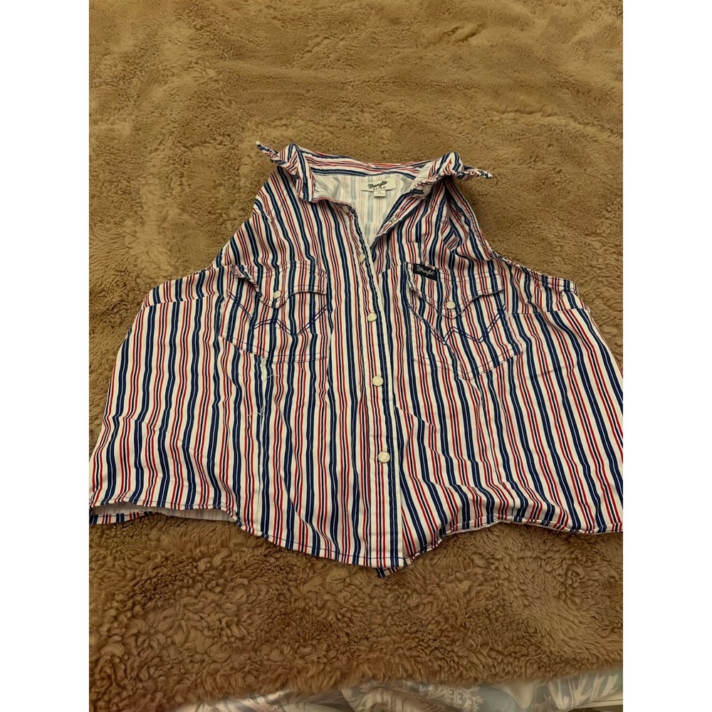 Wrangler Retro Womens XL Red White Blue Striped Sleeveless Pearl Snap Shirt Top
